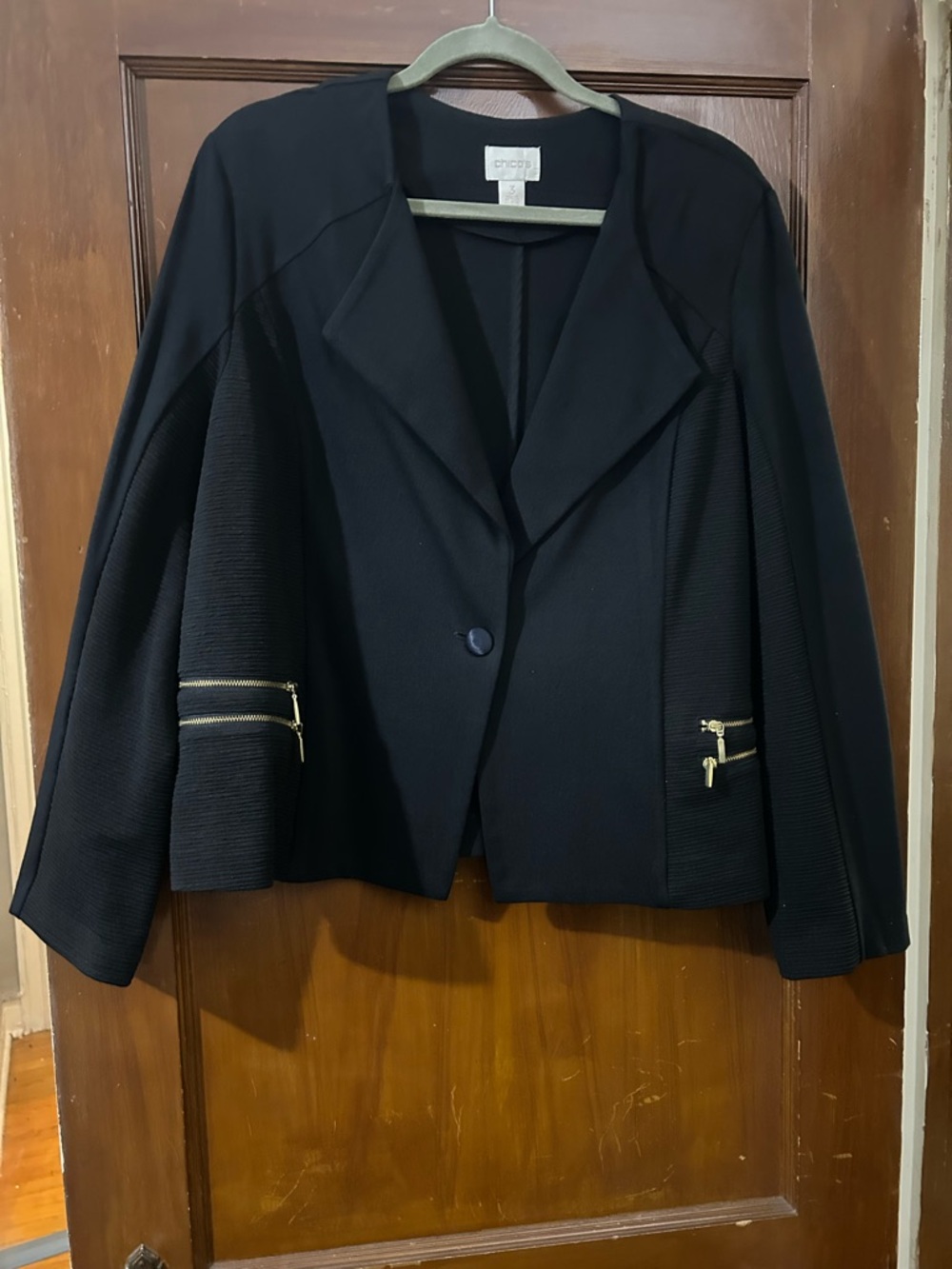 Chico's Black Tailored Blazer with Gold Zip Accents